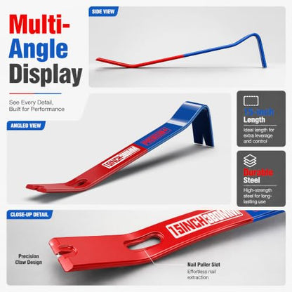 15 Inch Heavy Duty Flat Pry Bar, Durable Crowbar with 3 Nail Puller Slots, Sturdy Claw Bar, Steel Nail Puller Tool for Woodworking, Automotive Repair, Demolition and DIY - size: 15inch