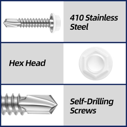 #10 x 1-1/4" Hex Washer Head Self Drilling Sheet Metal Screws with Drill Point, Stainless Steel 410, White Head, 50 PCS - color: White, size: #10 x 1-1/4"