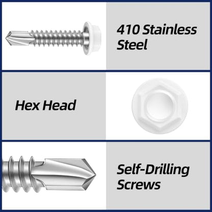 #12 x 1 Hex Washer Head Self Drilling Sheet Metal Screws with Drill Point, Stainless Steel 410, White Head, 50 PCS - color: White, size: #12 x 1"