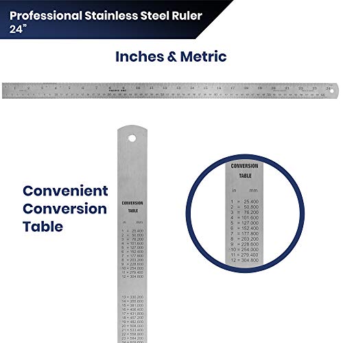 Pacific Arc 24 Inch Stainless Steel Ruler with Inch/Metric Conversion Table - style: 24 In