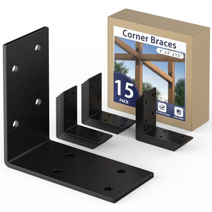 3 Inch Heavy Duty L Brackets for Wood, Galvanized Corner Braces, 15 PCS - size: 3x3x1.5 Inch