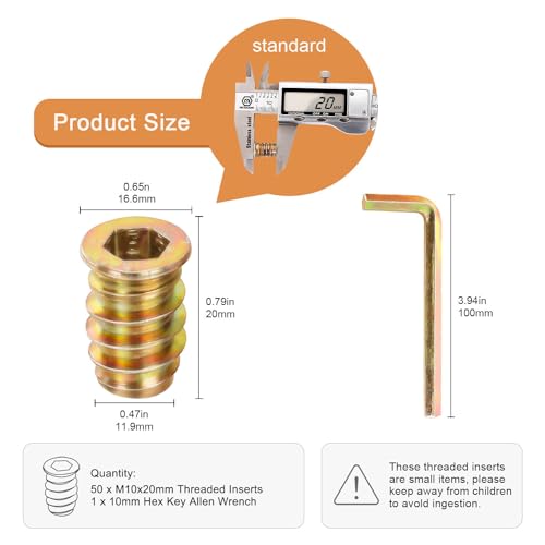 M10-1.5 x 20mm Threaded Nut Inserts for Furniture & Wooden Products, 50 PCS - size: M10 x 20mm