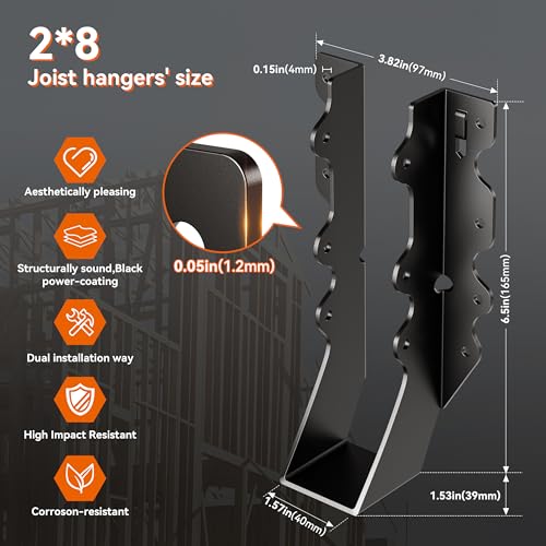 25 Pcs Black Joist Hangers 2x8, 18 Gauge Rafter Brackets , Hurricane Straps for 2x8 Face Mount Joist Hangers or Shed/Barn/Coop/Porch/Truss/Decks, Structurally Sound and Aesthetically Pleasing - size: 25 Pcs 2x8, style: Black Joist Hanger