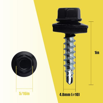 JEGONFRI 300PCS #10 x 1 Black Hex Head Self-Drilling Metal Roofing Screws - color: Black, size: 1 in