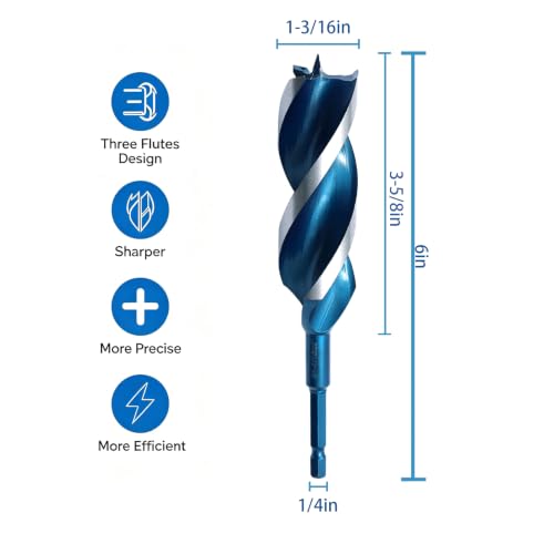 Auger Wood Drill Bit 1-3/16" x 6" x 1 Pack, Tri-Flute, 1/4 Inch Quick Change Hex Shank - size: 1-3/16" x 6" x 2Pcs