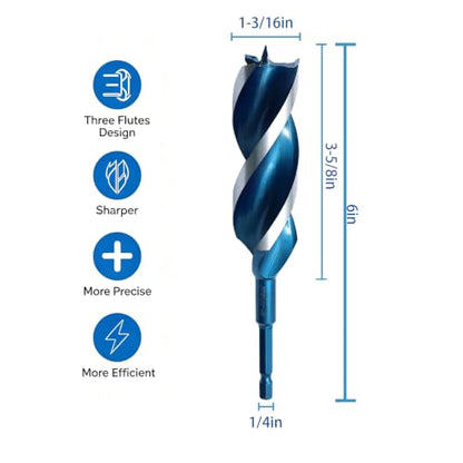 Auger Wood Drill Bit 1-3/16" x 6" x 1 Pack, Tri-Flute, 1/4 Inch Quick Change Hex Shank - size: 1-3/16" x 6" x 2Pcs