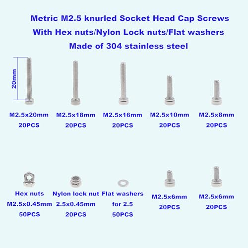 M2.5 304 Stainless Steel Knurled Hex Socket Cap Screw Nut Washer Kit - size: M2.5