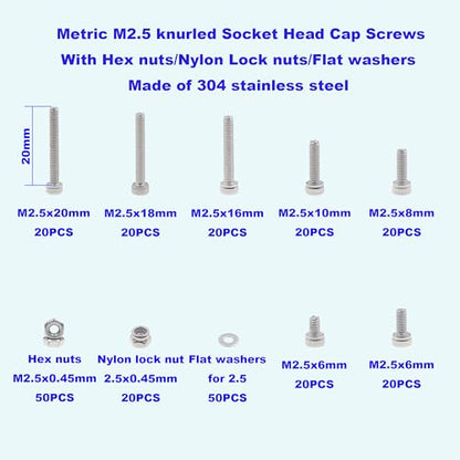 M2.5 304 Stainless Steel Knurled Hex Socket Cap Screw Nut Washer Kit - size: M2.5