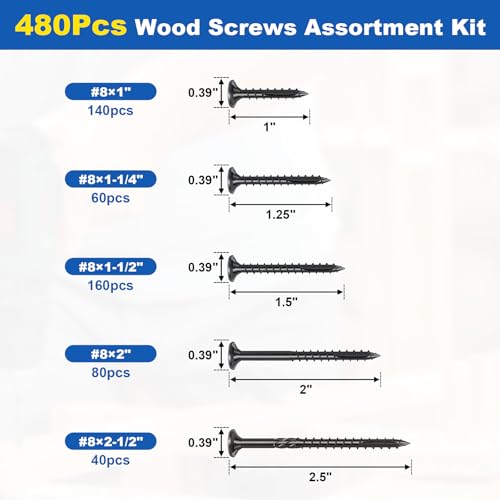 #8 Wood Screws Assortment Kit, 480Pcs 5Sizes Screws Set Assorted Screws - size: #8(5Sizes)—480pcs