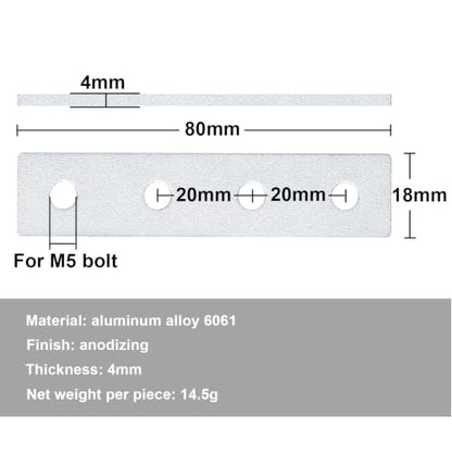 12 Pcs 2020 Flat Joining Plates, Aluminum Mending Plate, 80mm x 18mm - size: 80mm x 18mm