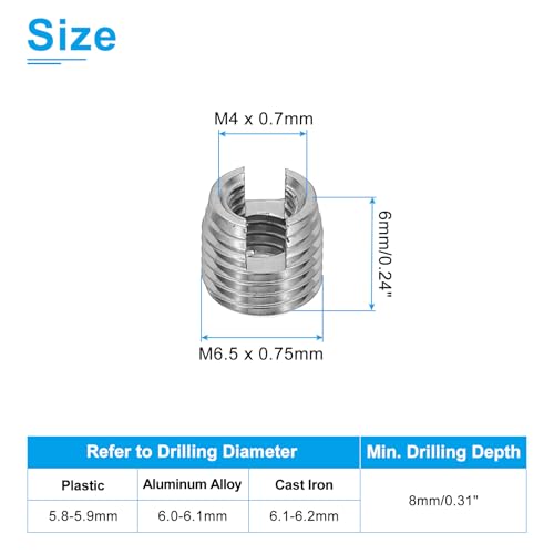 PATIKIL Self-Tapping Threaded Inserts, 40 Pcs M4 x M6.5 x 6mm 303 Stainless Steel Thread Adapter Reducer Slotted Screw Repair Inserts Nuts Sleeve - size: M4 x M6.5 x 6mm