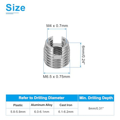PATIKIL Self-Tapping Threaded Inserts, 20 Pcs M4 x M6.5 x 6mm 303 Stainless Steel Thread Adapter Reducer Slotted Screw Repair Inserts Nuts Sleeve - size: M4 x M6.5 x 6mm