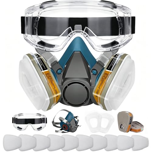 Half Facepiece with Goggle for Paint, Epoxy Resin, Spray Painting, Sanding, Woodworking, Welding Work Blue