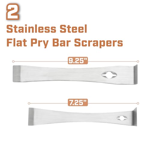Bates- Flat Pry Bar Scraper, 2 pcs, 7-1/4" & 9-1/4", Stainless Steel, Trim Puller Tool for Baseboard