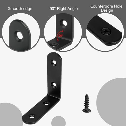 20 PCS Black Corner Brace 2.5''x 2.5'' Heavy Duty L Bracket Corner Braces with 80 pcs Screws, 3MM Thic Kness Joint Iron Metal Right Angle Brackets for Shelves, Wood Furniture - size: 65x65MM