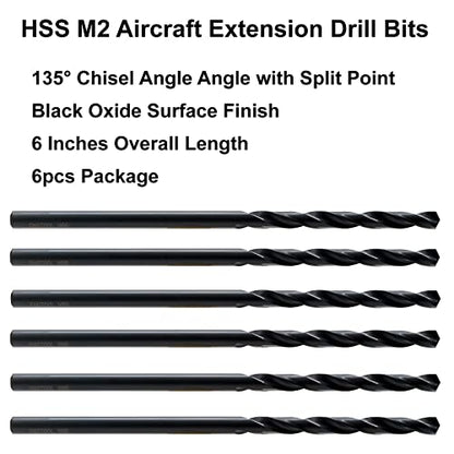 MAXTOOL 1/4"x6" 6pcs Identical Aircraft Extension Drills HSS M2 Extra Long Deep Twist Drill Bits Straight Shank Fully Ground Black; ACF02B06R16P6 - size: 1/4"x6"