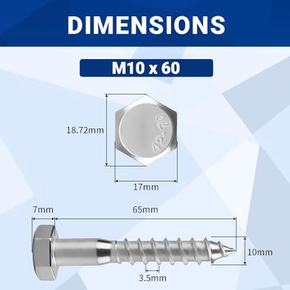 10-Sets M10 x 60mm Hex Head Lag Screws Bolts with Flat Washers, 304 Stainless Steel (18/8), Partial Thread, Heavy Duty Hex Head Lag Deck/Wood Screws - size: M10 x 60mm