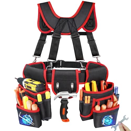 FamilyKit Tool Belt With Suspenders, Magnetic Heavy Duty Tool Belts for Men - color: Black-red