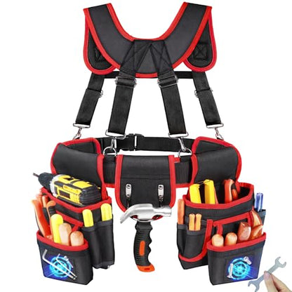 FamilyKit Tool Belt With Suspenders, Magnetic Heavy Duty Tool Belts for Men - color: Black-red