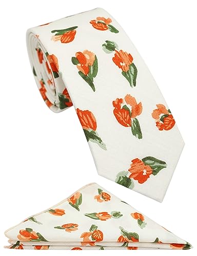 Cotton 2.5-Inch Skinny Floral Tie and Pocket Square Set for Men - color: 12