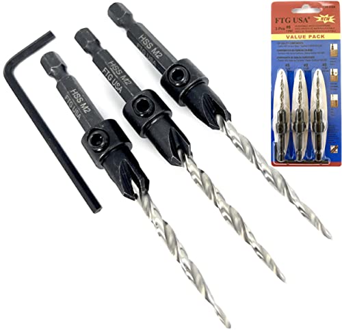 FTG USA 3Pc #8 (11/64") Countersink Drill Bit Set Tapered Bits