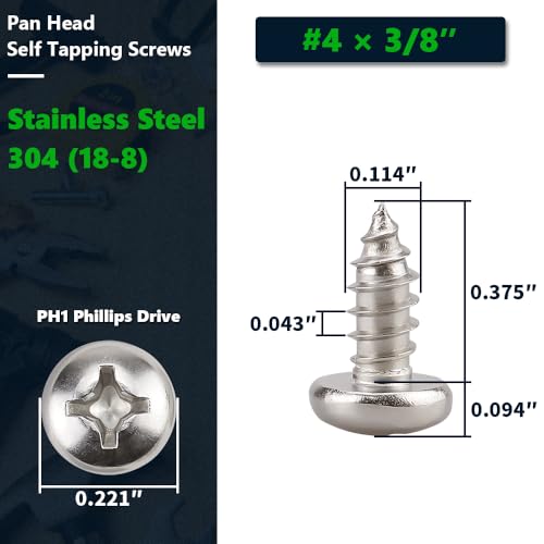 #4 x 3/8" (100 Pack) Stainless Steel Phillips Pan Head Wood Screws, Stainless Steel 304 (18-8), Pan Head Sheet Metal Screws Self Tapping for Wood - size: #4 x 3/8"