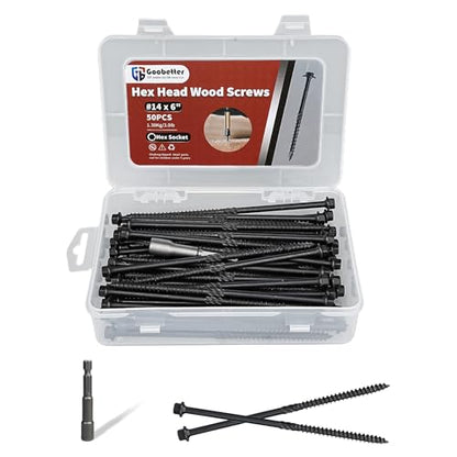 Lag Screws 6 Inch, 50Pcs #14 x 6 Heavy-Duty Structural Wood Screws, Hex Washer Head, Black Rust Resistant Coated, Long Outdoor Deck Screws for Timber Fence Log, Hex Socket Included - size: #14 x 6
