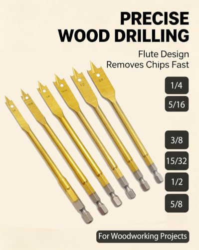 6PCS Spade Drill Bits Set, 1/4" Quick Change Hex Shank, Titanium Coating, Hole Cutter, Paddle Flat Bits for Woodworking, 1/4"-5/8 (6pcs) - size: 6pcs