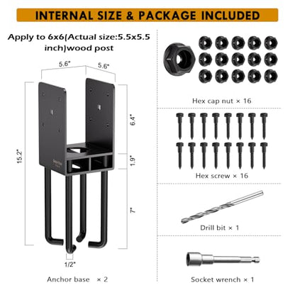 2Pack Heavy-Duty Post Base Anchor Bracket for 6"x6" Wood Post (Actual Size: 5.5" x 5.5") with Air Flow Channel for Wet Concrete Foundation, Suitable for Deck Railing, Fence, Gazebo, Porch - size: 6x6, style: 2Pack