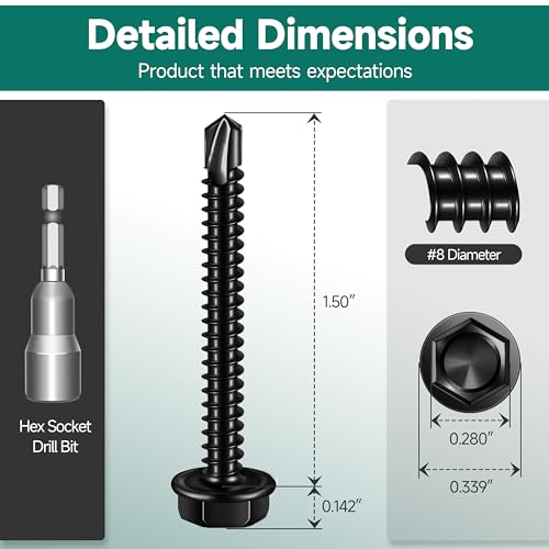 100Pcs #8 x 1-1/2" Sheet Metal Screws, 410 Stainless Steel Self Drilling Hex Head Black Self Tapping Screws for Metal with Drill Bit - color: Black, size: #8 x 1-1/2"
