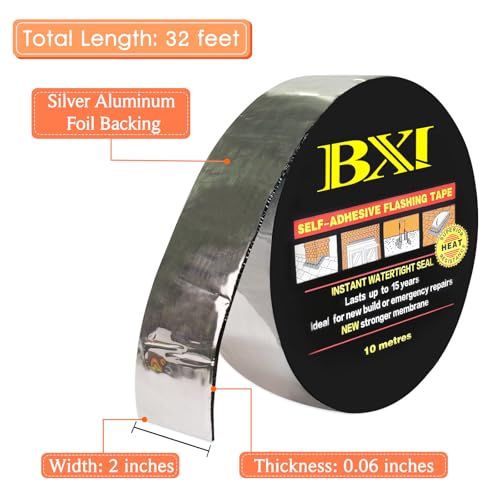BXI Flashing Roll Tape Membrane, 2 inches X 32 Feet Thick Waterproof Patch Seal Tape, Self-Adhesive SBS Modified Rubberized Asphalt, Deck Seam Joist Leak Sealant for Roof Window Gutter Repair Outdoor - size: 2'' X 32'