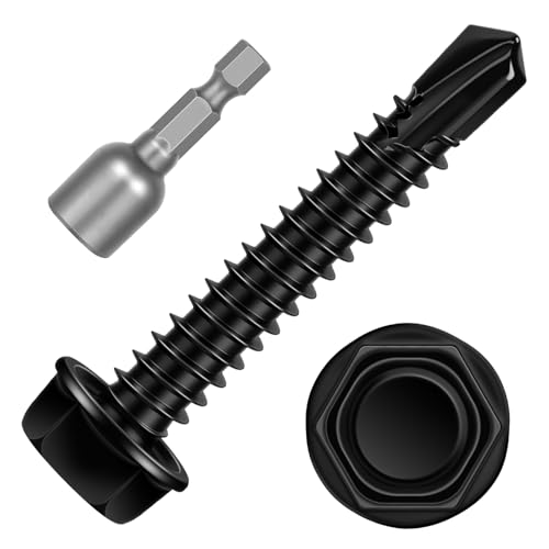 #10 x 1-1/4" Hex Washer Head Self Tapping Screws, TEK Screws, Self Drilling, Stainless Steel 410 Sheet Metal Screws, Black Finish, 100 PCS - color: Black, size: #10 x 1-1/4"
