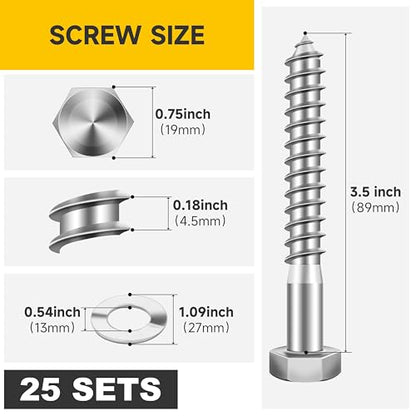 Mywish (25Sets) 1/2" x 3-1/2" Lag Bolts, 304 Stainless Steel 1/2 inch Lag Screws Bolts for Wood, Heavy Duty Hex Head with Flat Washers Bolt Kit, Bright Finish - size: 1/2 x 3-1/2"