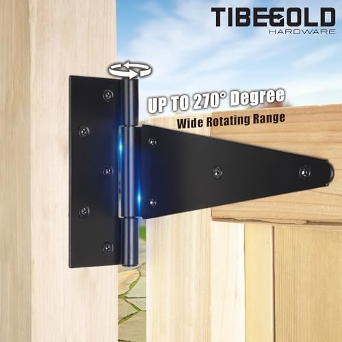 10 Inch T-Strap Gate Hinges, Heavy Duty Shed Door Hinges, Black Tee Hinges for Wooden Fences, Yard Gates, Rustproof Wrought Iron Hardware, 2 Pack - size: 10 Inch
