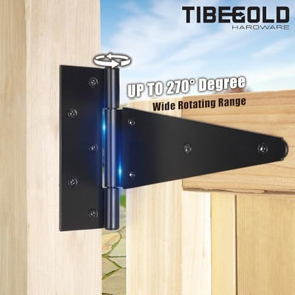10 Inch T-Strap Gate Hinges, Heavy Duty Shed Door Hinges, Black Tee Hinges for Wooden Fences, Yard Gates, Rustproof Wrought Iron Hardware, 2 Pack - size: 10 Inch