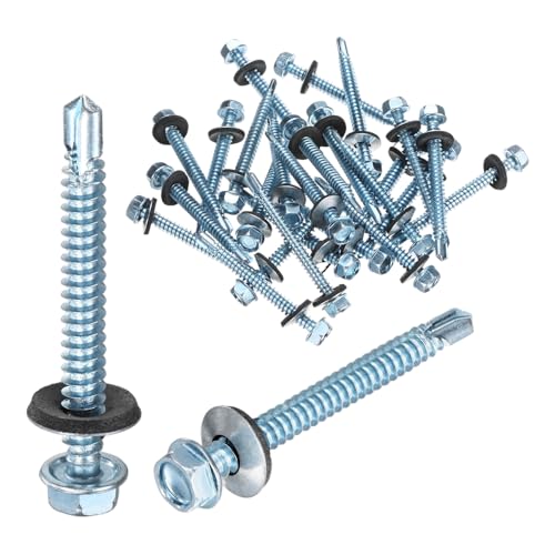 M METERXITY 25-Pack Self Drilling Screws with Rubber Washer #14 x 2-1/2" Zinc Plated Carbon Steel Hex Head Self-Tapping Screws for Metal Roofing/Siding Panels/Steel Structures [ 63mm Length] - size: M6.3 x 63mm