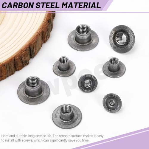 Swpeet 85Pcs 5 Sizes M4×7.5 M5×7 M6×10 M8×10 M10×13 Carbon Steel Tee Nut, Through Hole Flange Insert Female Thread Nuts, Round Base Weld Tee Nuts, Brad Hole Tee Nut for Wood Furniture - size: Assortment Kit