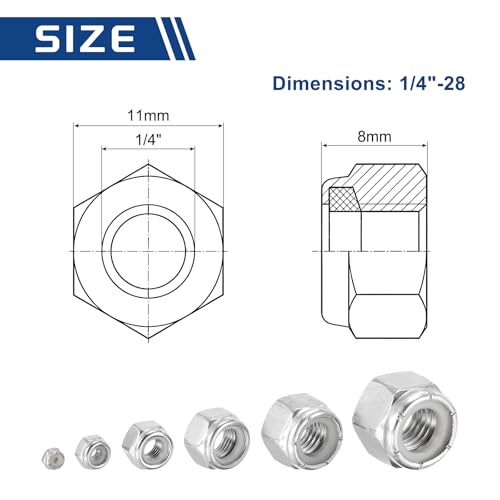 50Pcs 1/4"-28 Nylon Locking Hex Nuts 304 StainlessSteel Silver - color: Silver, size: 1/4"-28