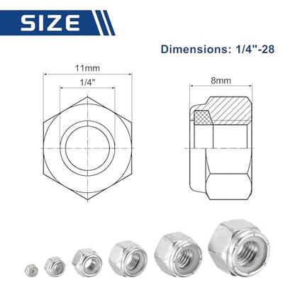 50Pcs 1/4"-28 Nylon Locking Hex Nuts 304 StainlessSteel Silver - color: Silver, size: 1/4"-28