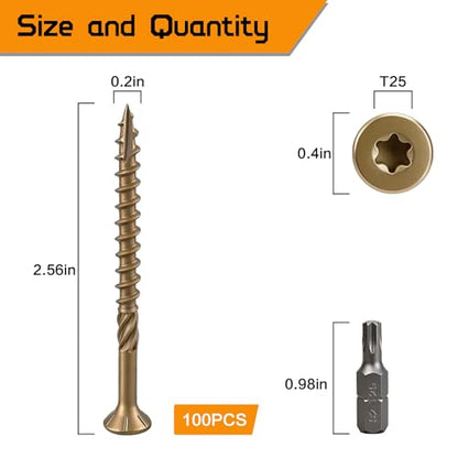 #10 * 2-1/2" Deck Screws (100pcs) Exterior Wood Screws, Rust Resistant epoxy Coated, Bronze, T25 Star Bit - size: #10 * 2-1/2"