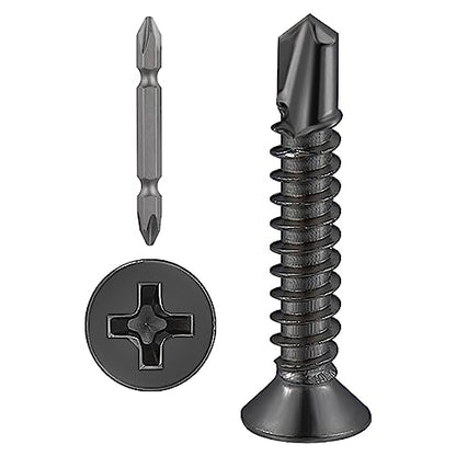 Wensilon（300pcs）#8×1”for Sheet Metal Self-Tapping Screws 410 Black Stainless Steel Flat Head High-Strength Quick self-Drilling Screws - color: Black, size: #8X1"