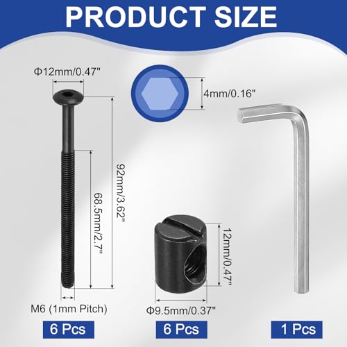 PATIKIL Furniture Bolt Nut Set, 6 Pcs M6 x 90 mm Metric Carbon Steel Flat Head Hex Socket Cap Screws Bolts with Barrel Nuts Hex Key Wrench for Beds Headboards Chairs, Black - size: M6 x 90mm