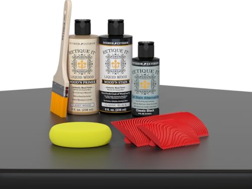 Retique It Muli-Purpose Wood Finish Kit - GO Beyond Faux Wood with Paintable Liquid Wood Based Primer and Gel Stain - Graining Tools Included (2X 8oz, Classic Black) - color: 10 Classic Black, size: Small Kit