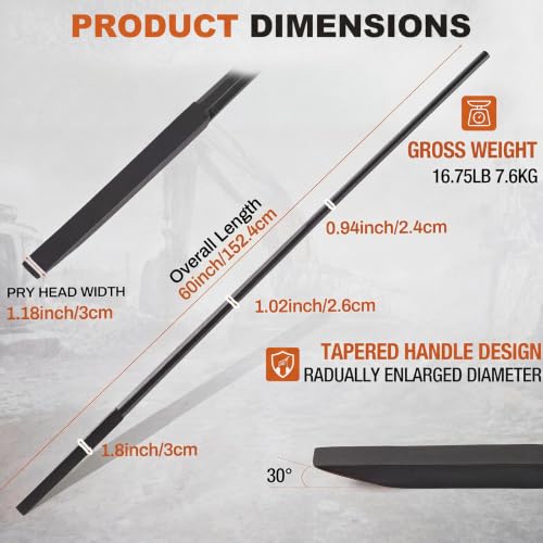 60 Inch Pinch Point Crowbars Tamping and Digging Bar Black Steel Bars Post Hole Digger Tamping Bar - color: Black, size: 60 Inch, style: Crowbars