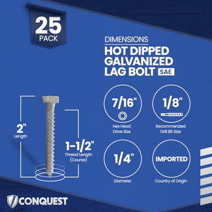Conquest 1/4"-10 x 2 Lag Bolts, Hot Dip Galvanized, Coarse Threads Hex Head, Corrosion-Resistant for Outdoor, Wood, and Structural Projects (25 Pack) - size: 1/4"-10 x 2"