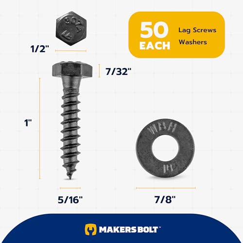 5/16 x 1 (50 Pack) Lag Screw Kit, 50 Screws and 50 Washers, Ceramic Black Ruspert Coating for Exterior Use, Meets ASTM A307 and ASME B18.2.1, Industrial/Commerical Grade by Makers Bolt - size: 5/16 x 1