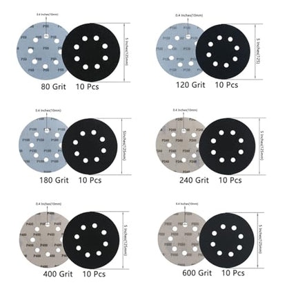 60 Pcs 5 Inch 8 Hole 80/120/180/240/400/600 Grit Wet and Dry Sanding Discs, Round Hook and Loop Disc Sandpaper for Random Orbital Sanders - style: Mix 80-600 Grit