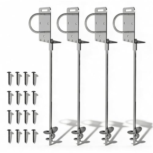 Heavy Duty Ground Anchors Screw-in Trampoline Stakes with Anti-Bend L-Plate, Multi-Hole & Safety Ring, Rust-Proof Steel for Tent, Shed, Swing Set, Fence, Garden, Outdoor - size: 4Pack 21Inch