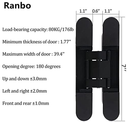 Ranbo 7 Inch Hidden Door Hinge, 3D Adjustable, Zinc Alloy Hardware Kit - size: 7 inch Black