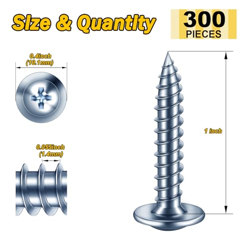 Mywish 300Pcs #8 × 1" Wood Screws, Phillips Truss Head Wood Screws, 1 Inch, Quick Metal Self Tapping, Galvanized Iron Zinc Oxide Plated Steel - color: Silver, size: #8×1"